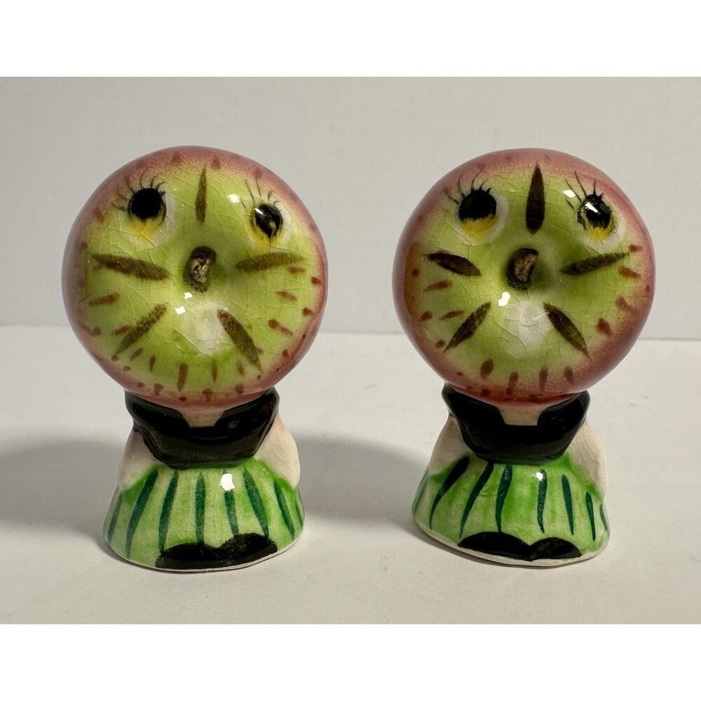 Vintage Anthropomorphic Apple Salt Pepper Shakers Japan Kitsch Apple Heads EUC